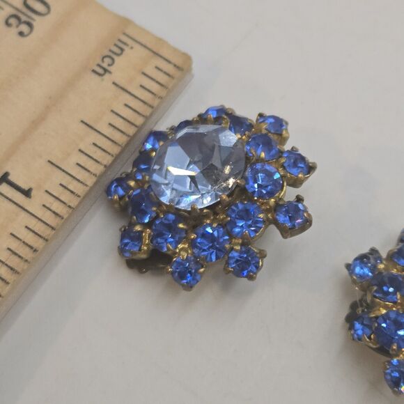 Vintage Made In Austria Blue Rhinestone Brooch Pin Earring Set Aurora Borealis - Picture 8 of 9
